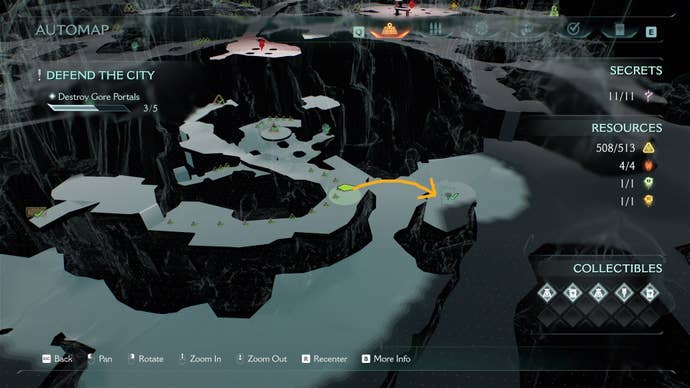 A route from a cave exit to a collectible Codex is drawn on The Siege Part 1 map in DOOM: The Dark Ages