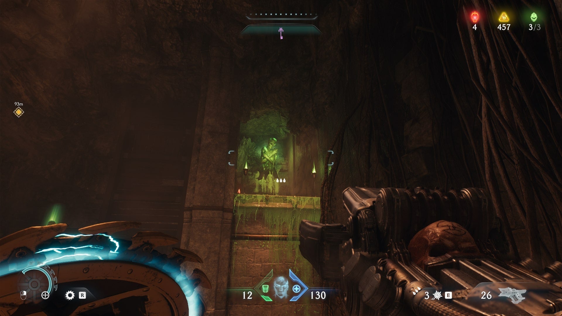 The player aims at a green Flesh Node inside of a cave in The Siege Part 1 chapter of DOOM: The Dark Ages - 11