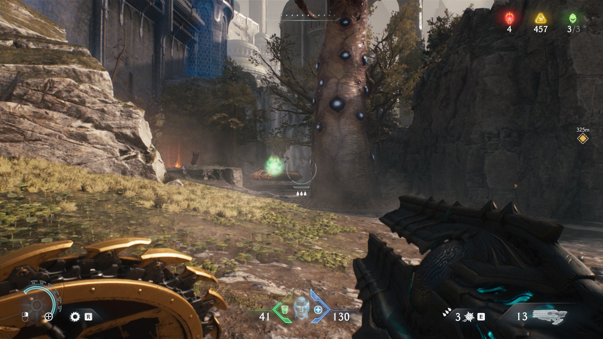 The player looks toward a tank enemy in front of a waterfall at the beginning of The Siege Part 1 chapter in DOOM: The Dark Ages - 3