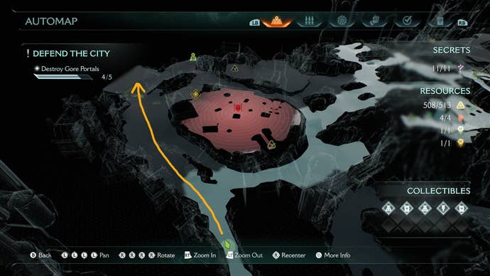 A route is drawn from the player to a secret enemy encounter in The Siege Part 1 chapter of DOOM: The Dark Ages