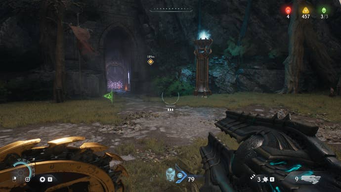 The player is looking at a locked secret gate that needs a Secret Key in The Siege Part 1 chapter in DOOM: The Dark Ages