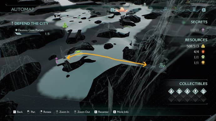 A route between the locked secret gate and the Secret Key in The Siege Part 1 chapter of DOOM: The Dark Ages is shown