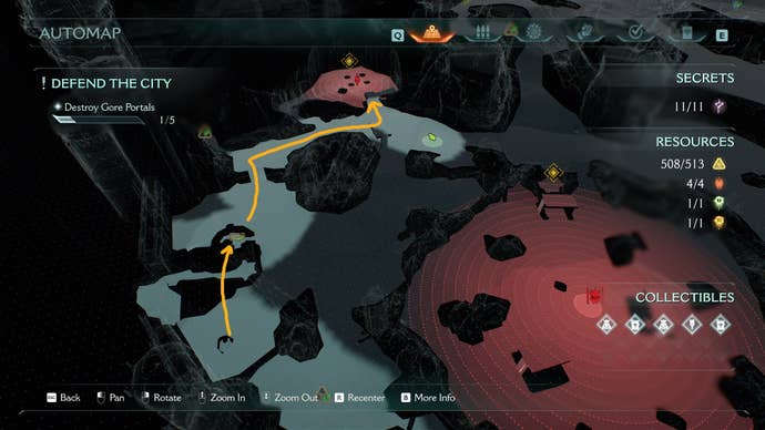A route showing the third and fourth secret locations in The Siege Part 1 chapter is drawn on the map in DOOM: The Dark Ages