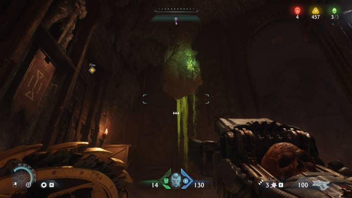 The player aims at a green Flesh Node in The Siege Part 1 chapter of DOOM: The Dark Ages