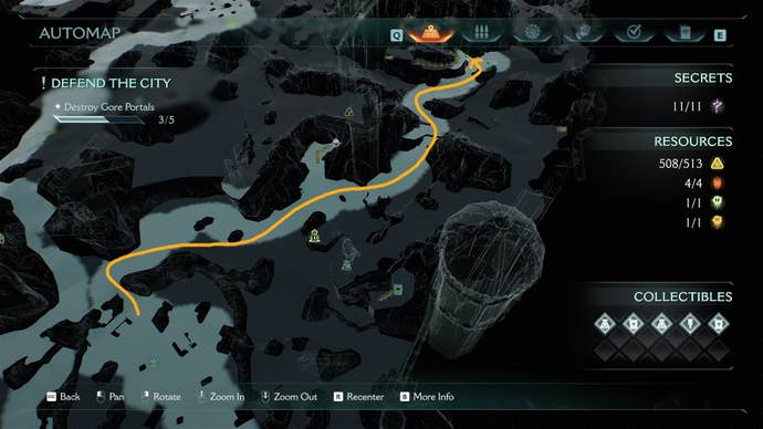 A route from one quest objective to a cave is drawn on The Siege Part 1 map in DOOM: The Dark Ages