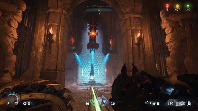 The player looks towards a weapon covered in a forcefield in The Siege Part 1 chapter of DOOM: The Dark Ages; Hot Metal can be seen above it