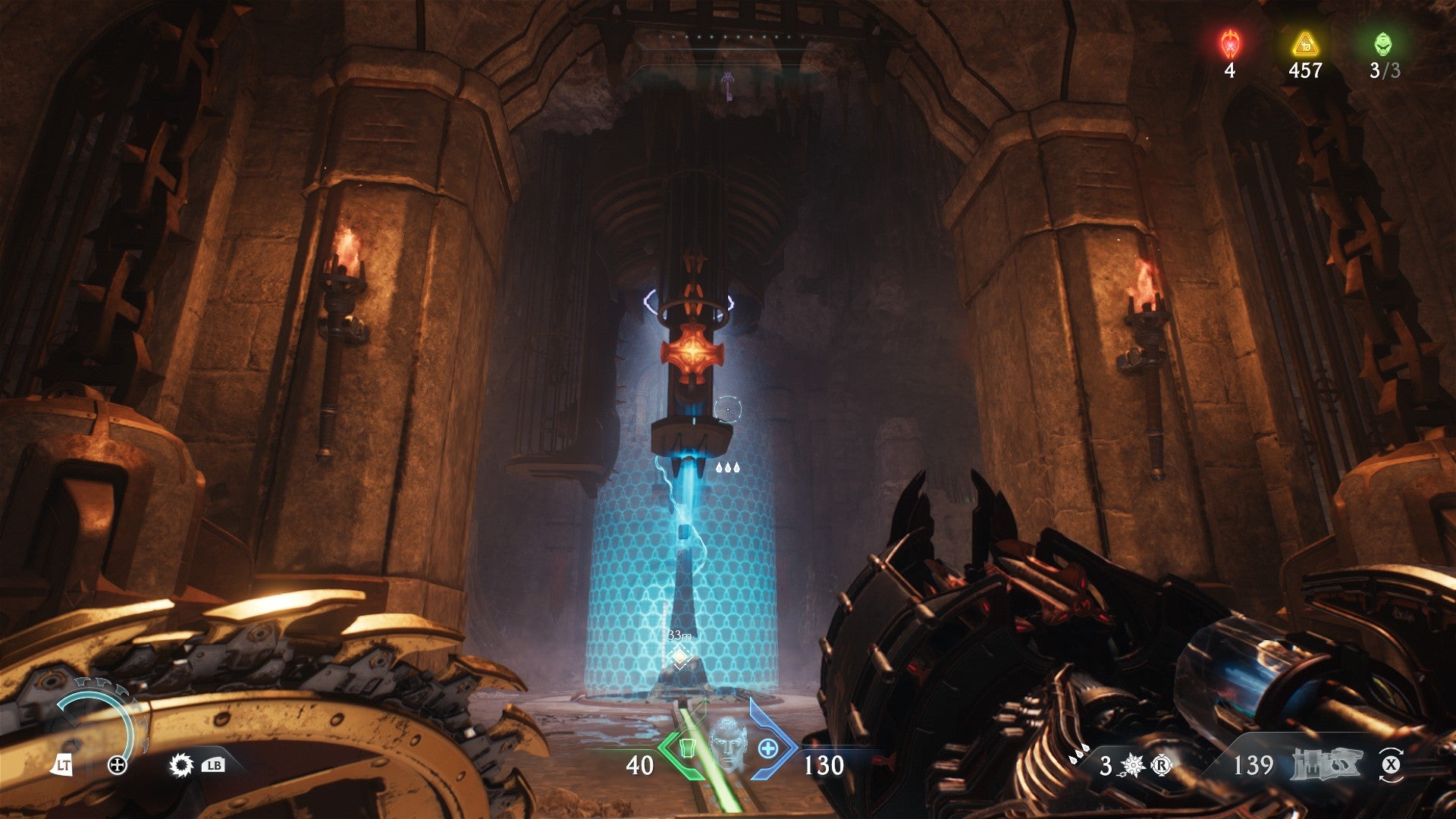 The player looks towards a weapon covered in a forcefield in The Siege Part 1 chapter of DOOM: The Dark Ages; Hot Metal can be seen above it - 21