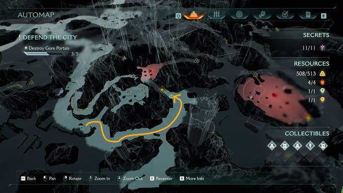 A route from a collectible Codex to The Siege Part 1's eighth secret is drawn on the map in DOOM: The Dark Ages