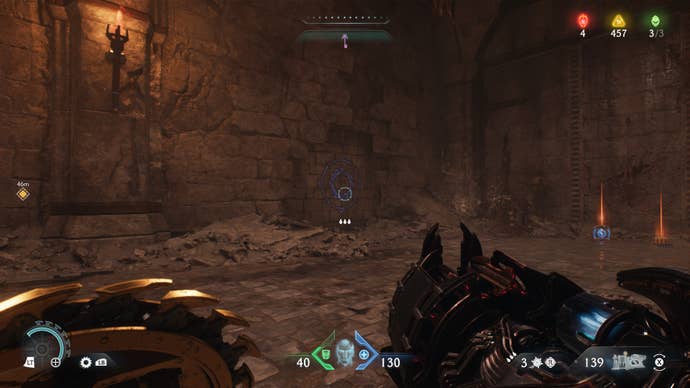 The player aims at a door they can Shield Bash through in The Siege Part 1 chapter in DOOM: The Dark Ages