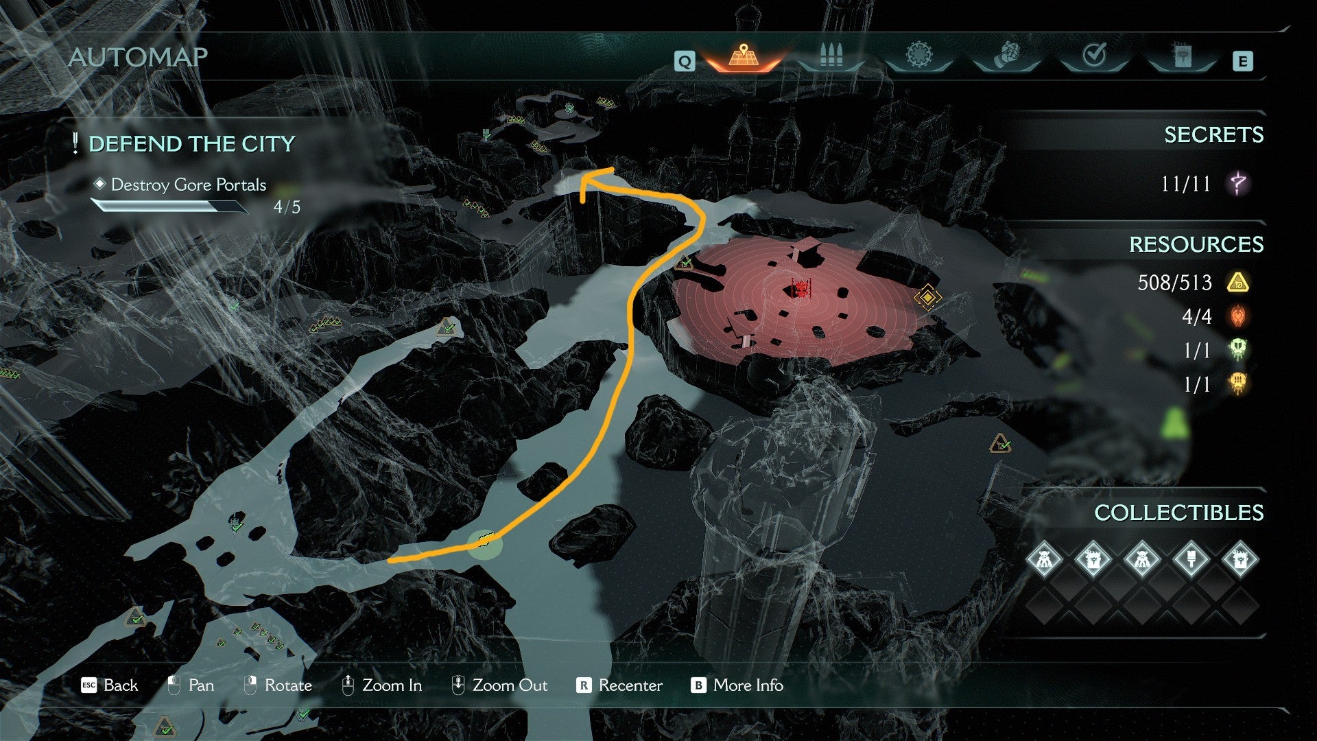 A route from an enemy encounter to the ninth secret of The Siege Part 1 chapter is drawn on the map in DOOM: The Dark Ages - 23