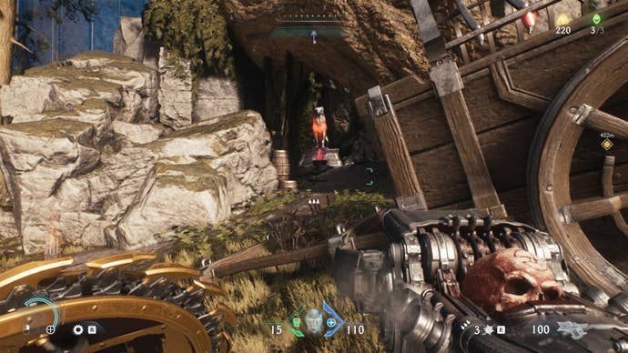 The player looks towards a wolf statue in The Siege Part 1 in DOOM: The Dark Ages