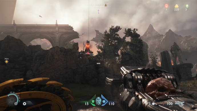 The player looks towards a wolf statue in DOOM: The Dark Ages' The Siege Part 1
