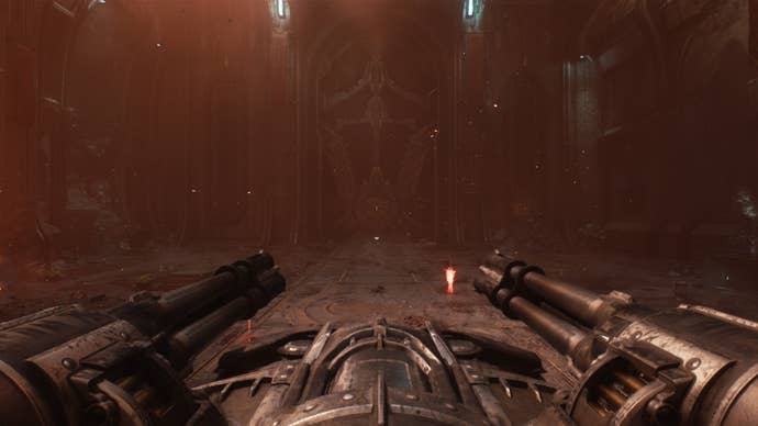 The player aims a turret at a large door in The Siege Part 2 chapter of DOOM: The Dark Ages