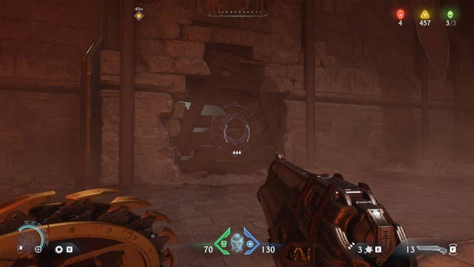 The player looks at a boarded up door with a purple shield sigil on it in The Siege Part 2 chapter of DOOM: The Dark Ages