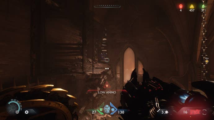 The player looks towards a boarded up opening with a purple shield sigil on it inside the church in The Siege Part 2 chapter of DOOM: The Dark Ages