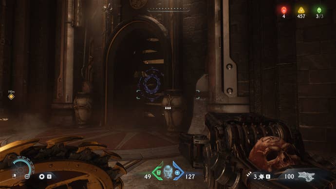 The player looks toward a boarded up door with a purple shield sigil on it in The Siege Part 2 chapter of DOOM: The Dark Ages