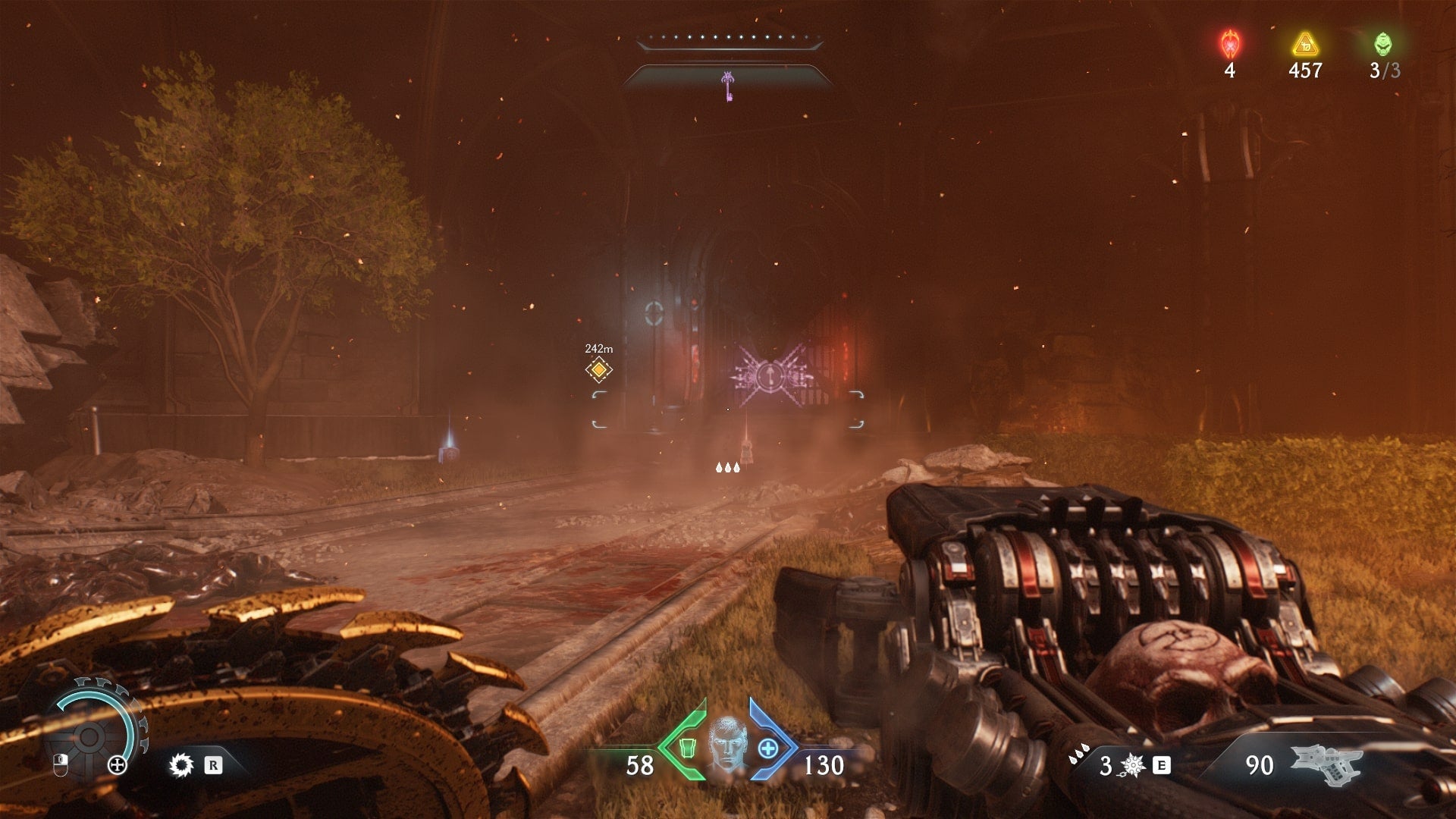 The player looks at a locked secret gate in the courtyard in The Siege Part 2 chapter of DOOM: The Dark Ages - 9