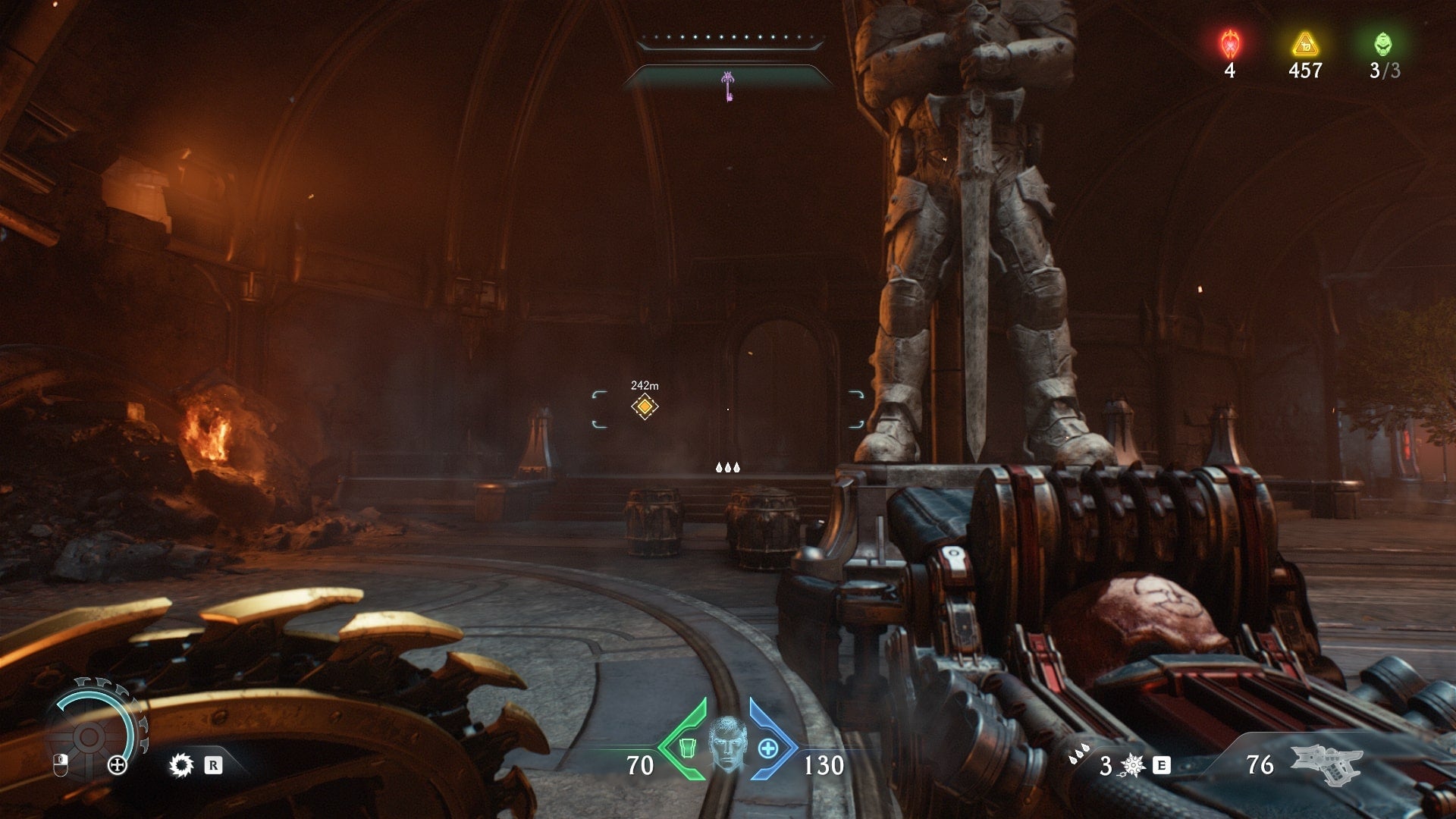 The player looks at a - now opened - secret gate in the courtyard in The Siege Part 2 chapter of DOOM: The Dark Ages - 10