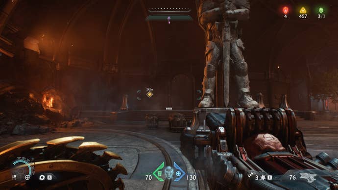 The player looks at a - now opened - secret gate in the courtyard in The Siege Part 2 chapter of DOOM: The Dark Ages