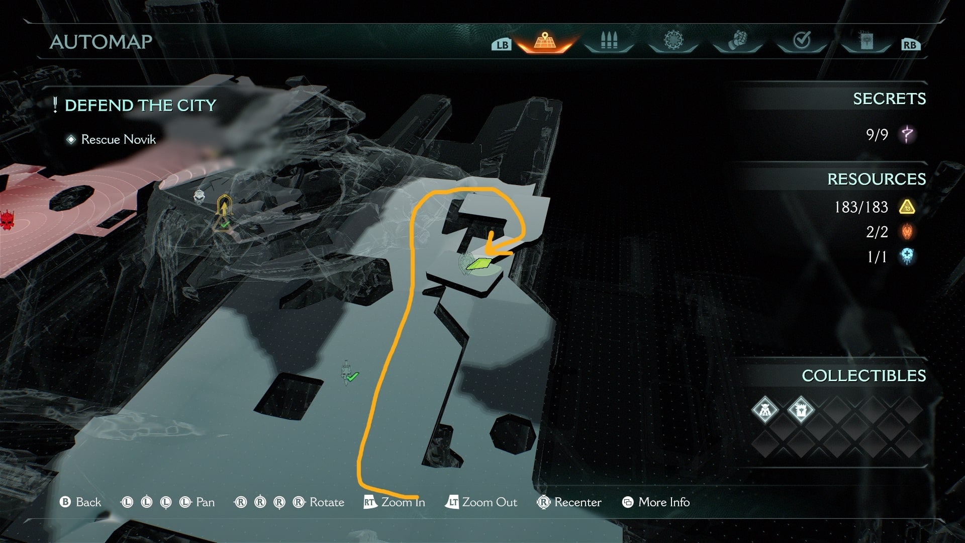 A route from the courtyard to the eighth secret area in The Siege Part 2 chapter of DOOM: The Dark Ages is shown on the map - 11