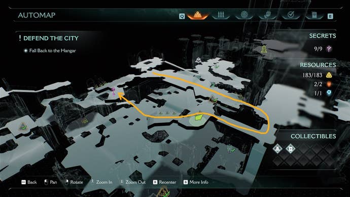 The route from a secret location to the Secret Key in The Siege Part 2 chapter of DOOM: The Dark Ages is drawn on the map