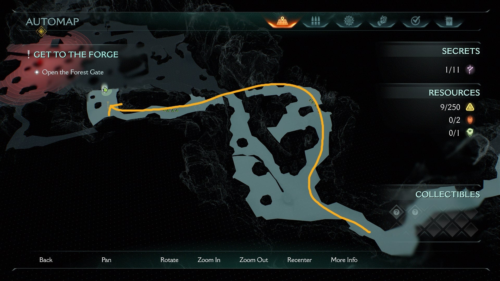 A map showing the route from the beginning of the Abyssal Woods chapter to the first secret location is shown in DOOM: The Dark Ages - 3