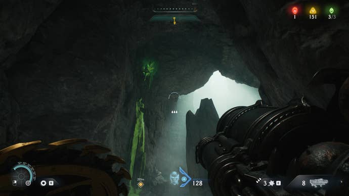 The player aims at a Flesh Node towards the end of the Abyssal Forest chapter in DOOM: The Dark Ages