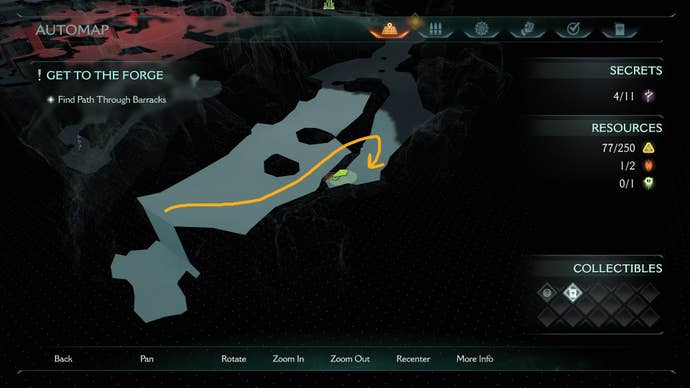 A route to the fourth secret location in DOOM: The Dark Ages' Abyssal Forest is drawn on the map