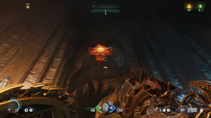 The player aims at some Hot Metal in DOOM: The Dark Ages' Abyssal Forest