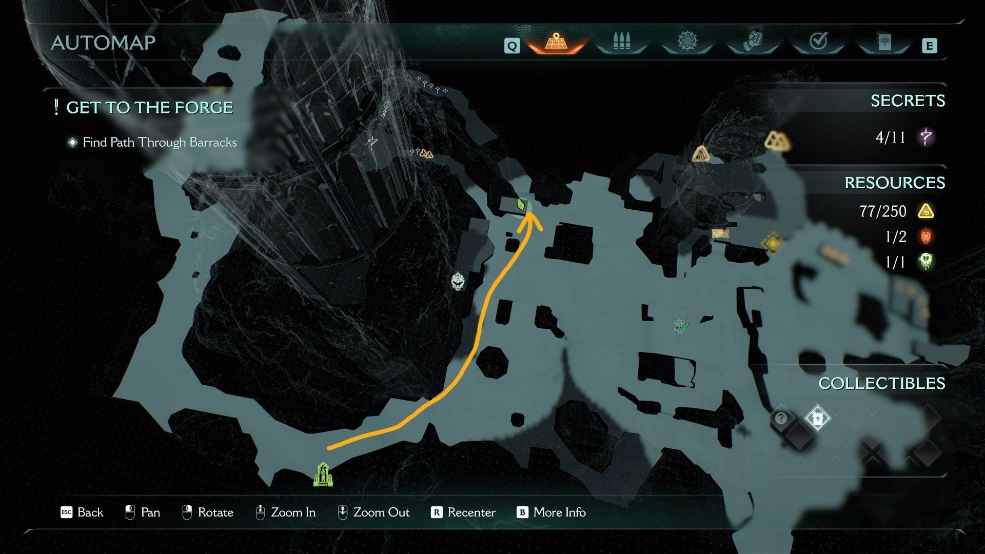A route from the Sentinel Shrine to the fifth secret area in DOOM: The Dark Ages' Abyssal Forest is drawn on the map - 8