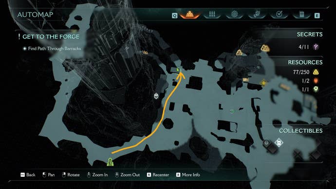 A route from the Sentinel Shrine to the fifth secret area in DOOM: The Dark Ages' Abyssal Forest is drawn on the map