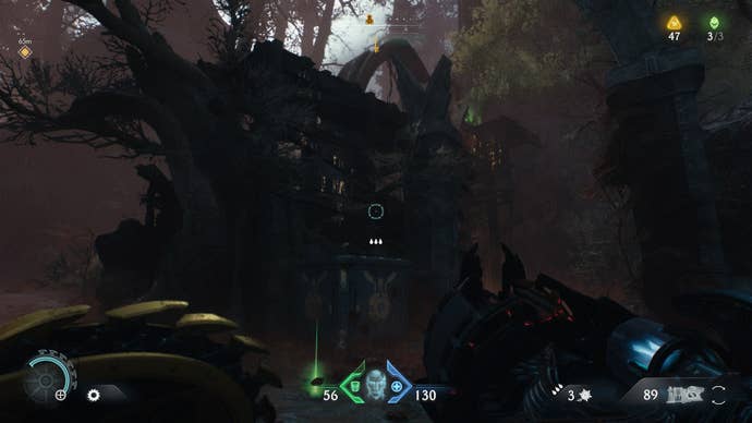 The player looks at a crate they can climb to reach the sixth secret location and a Life Sigil in DOOM: The Dark Ages' Abyssal Forest