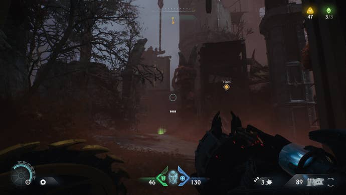 A route from the sixth secret location to a nearby crate in DOOM: The Dark Ages' Abyssal Forest is drawn on the map