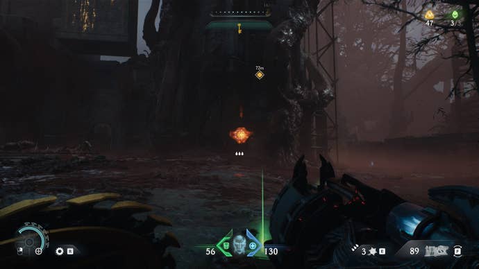 The player aims at some Hot Metal in DOOM: The Dark Ages' Abyssal Forest