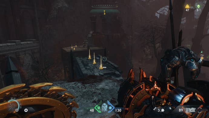 The player looks at some broken stone platforms with Gold Bars on them in DOOM: The Dark Ages' Abyssal Forest