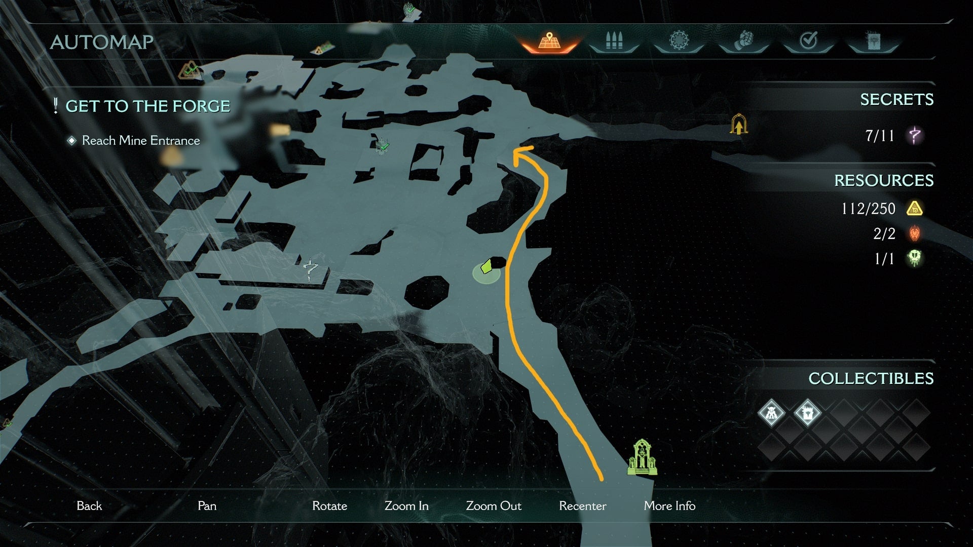A route from the Sentinel Shrine to the eight secret area is drawn on the map in DOOM: The Dark Ages' Abyssal Forest - 14