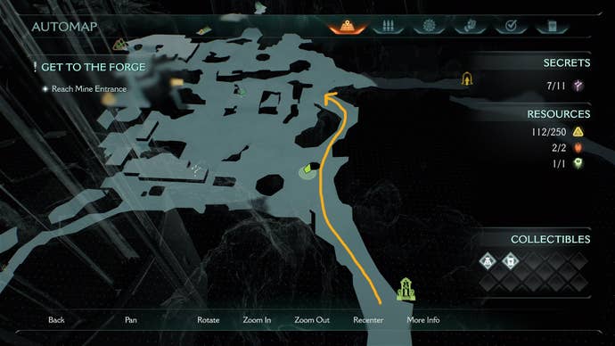 A route from the Sentinel Shrine to the eight secret area is drawn on the map in DOOM: The Dark Ages' Abyssal Forest