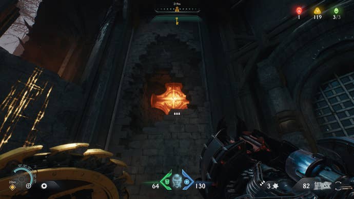 The player aims at some Hot Metal through a broken wall in DOOM: The Dark Ages' Abyssal Forest