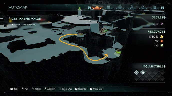 A route to the ninth secret location is drawn on the map in DOOM: The Dark Ages' Abyssal Forest