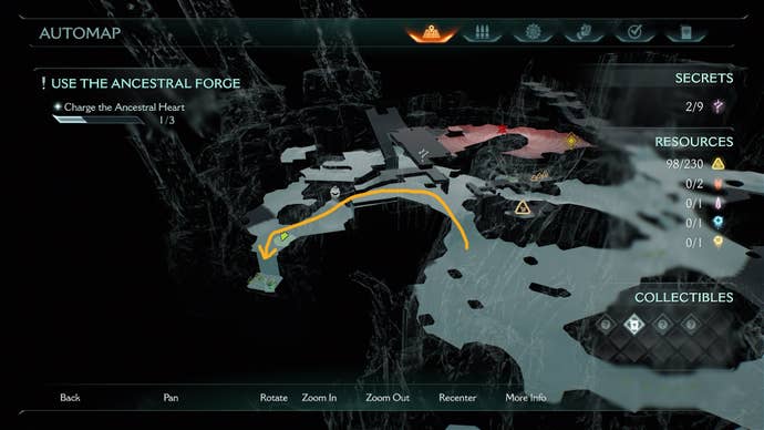 A route is drawn on the map leading to a Codex entry in DOOM: The Dark Ages' Ancestral Forge chapter