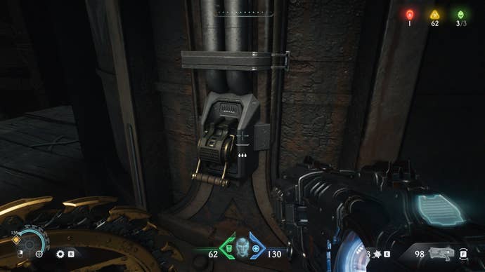 The player looks at an interactable lever in DOOM: The Dark Ages' Ancestral Forge chapter