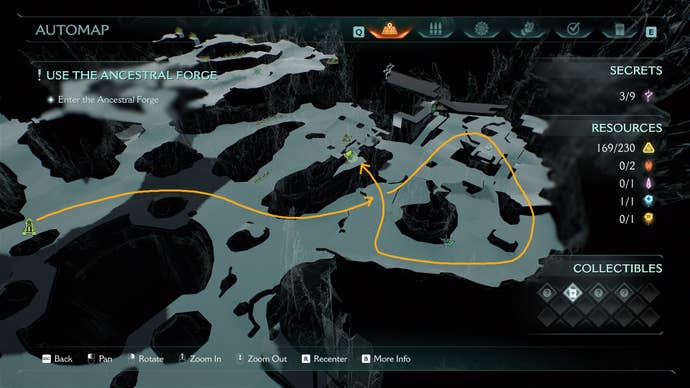 The lengthy route from the level start to the fourth secret location is drawn on the map in DOOM: The Dark Ages' Ancestral Forge chapter