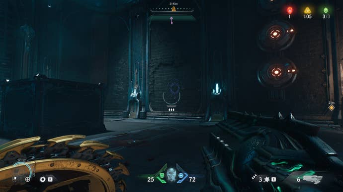 The player looks at a purple shield sigil on a wall in front of them in DOOM: The Dark Ages' Ancestral Forge chapter