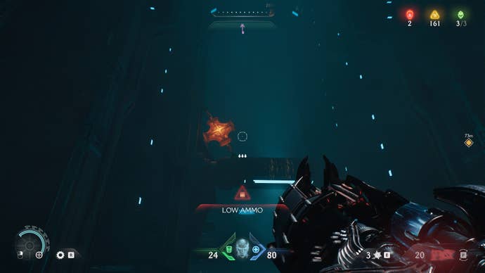 The player aims at some Hot Metal attached to a climbable platform in DOOM: The Dark Ages' Ancestral Forge chapter