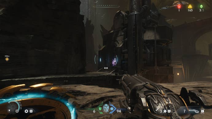 The player looks over towards a gate locked by a Secret Key in DOOM: The Dark Ages' Ancestral Forge chapter