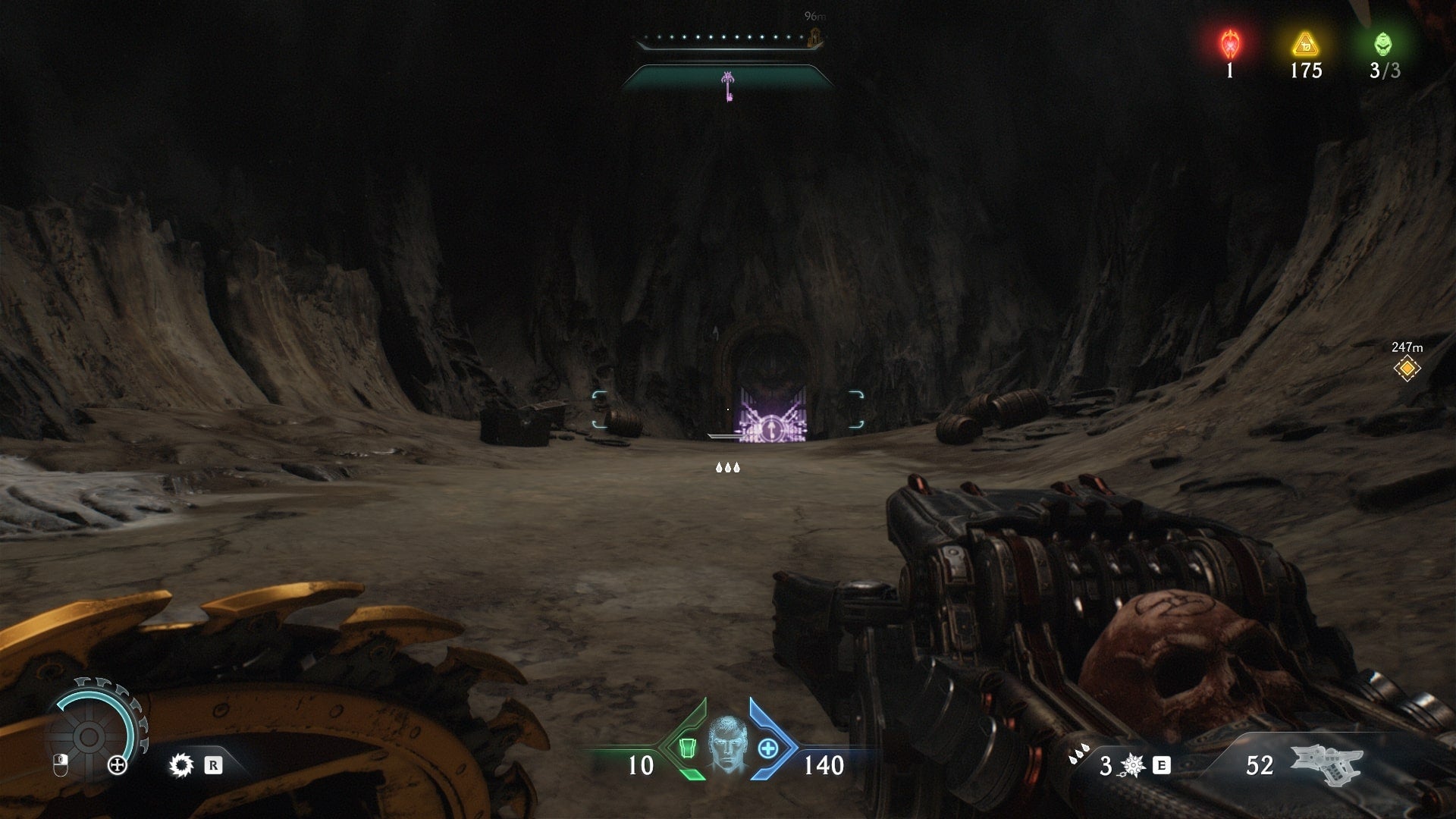 The player looks at a distant gate that is locked by a Secret Key in DOOM: The Dark Ages' Ancestral Forge chapter - 11