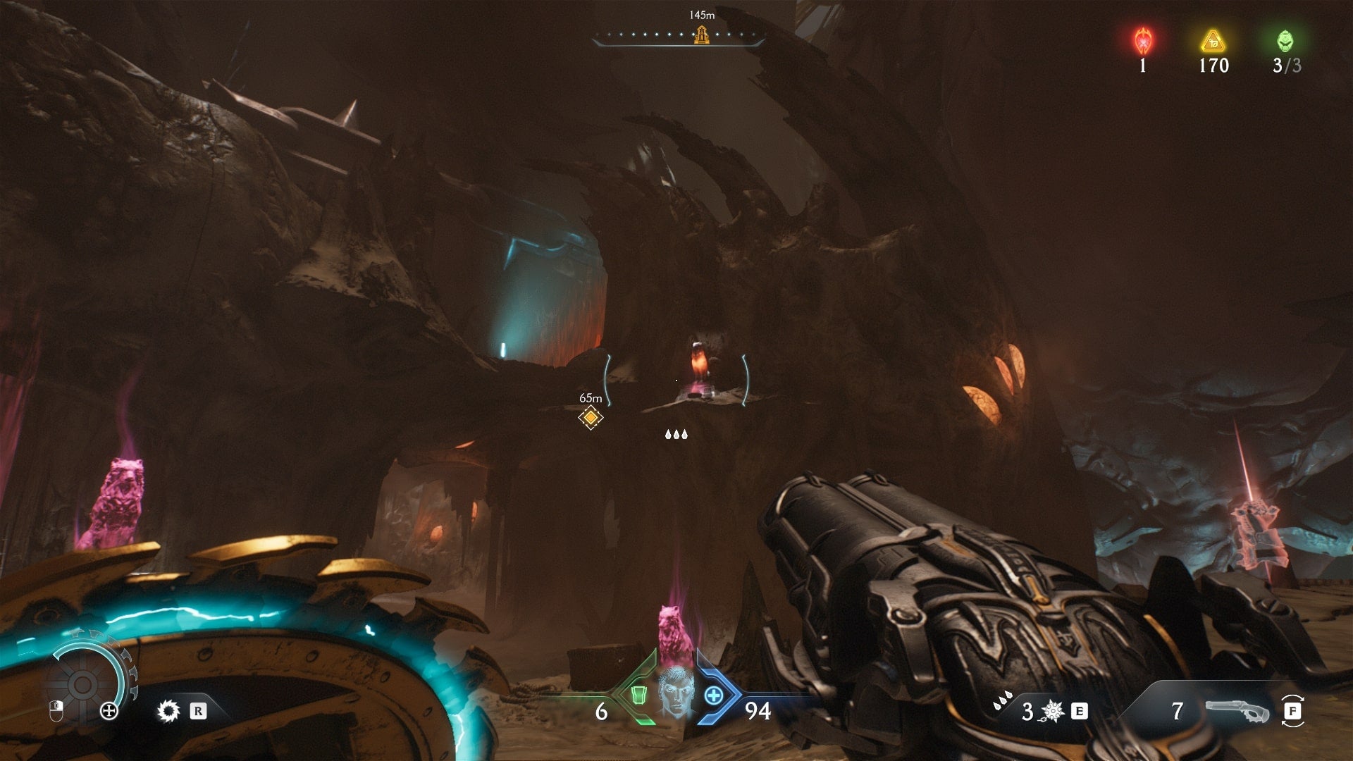 The player aims at a wolf statue that can be destroyed in DOOM: The Dark Ages' Ancestral Forge chapter - 8