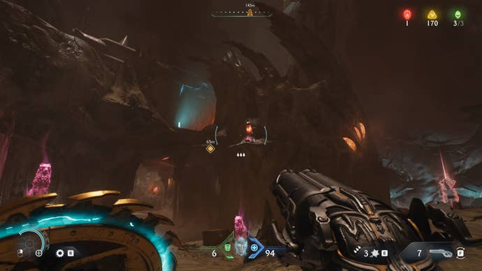 The player aims at a wolf statue that can be destroyed in DOOM: The Dark Ages' Ancestral Forge chapter