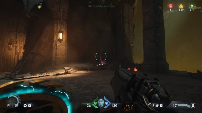 The player aims at a destroyed wolf statue in DOOM: The Dark Ages' Ancestral Forge chapter