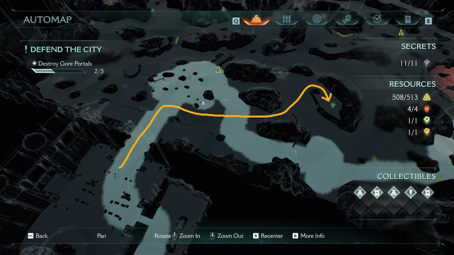 The route from the level start in The Siege Part 1 to a group of wolf statues and Ruby is marked on the map in DOOM: The Dark Ages - 3